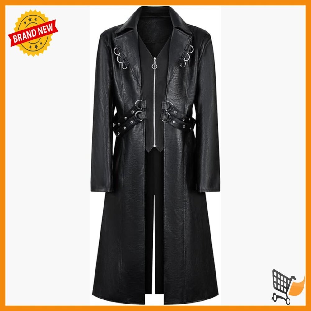 Men's PU Leather Trench Coat Motorcycle Jacket Slim Fit Long